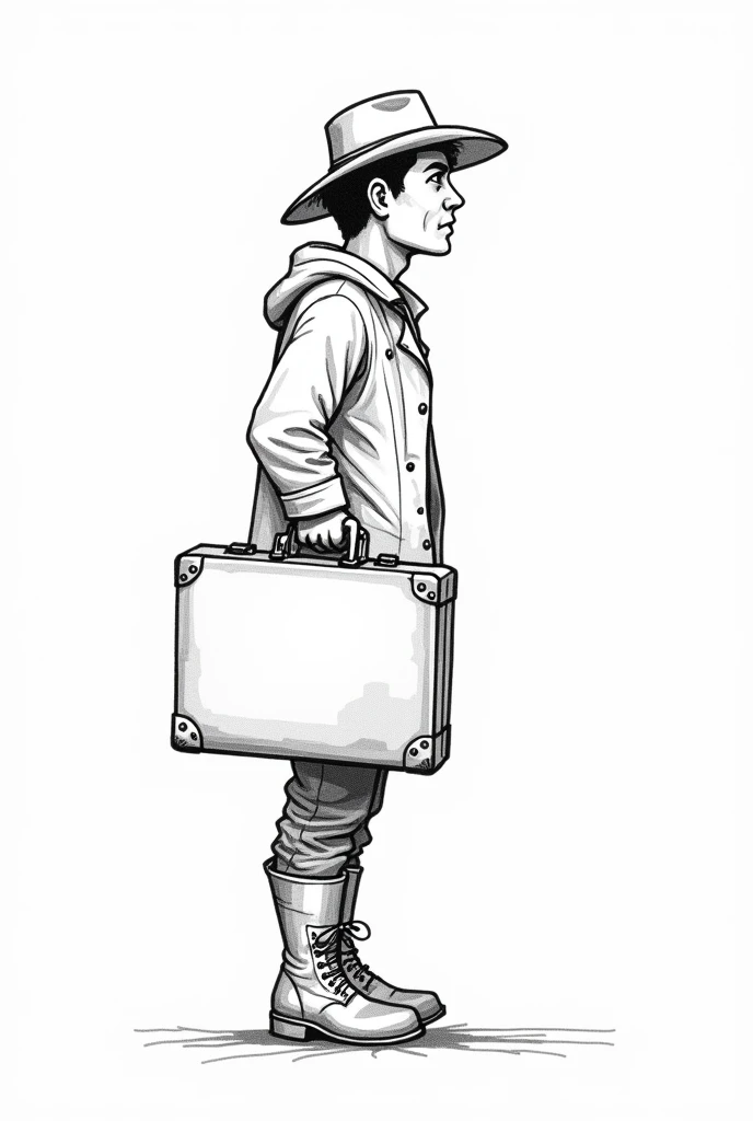 Simple hand drawing of a men from the side with boots, a hat and a suitcase in black and white
