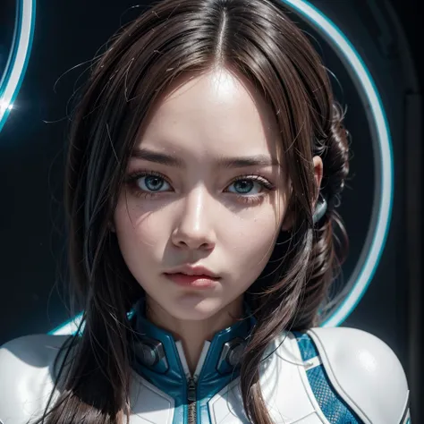 close up of face a woman in futuristic costume loose hair about 3