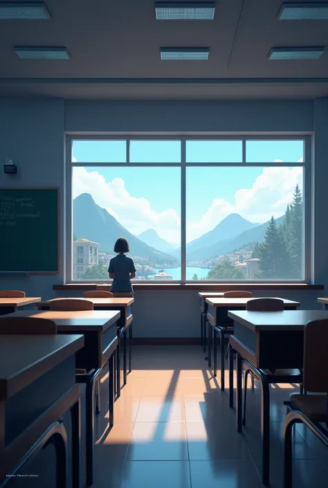 The classroom scene has a window with a view outside. There are no desks, but there is a board.

