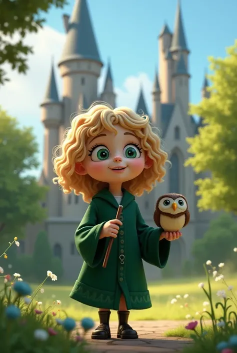 a white teenage girl with curly blonde hair and bangs, and dark green eyes, outside Hogwarts looking at the castle, with the Slytherin outfit, and a wand in one hand and an owl in the other arm, animated cartoon