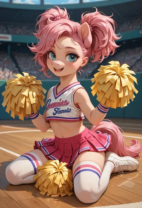 (masterpiece, best quality:1.2), 1girl, full body,pink hair,pony tail,cheerleaders,(pom-pom in both hands:1.3),sit down