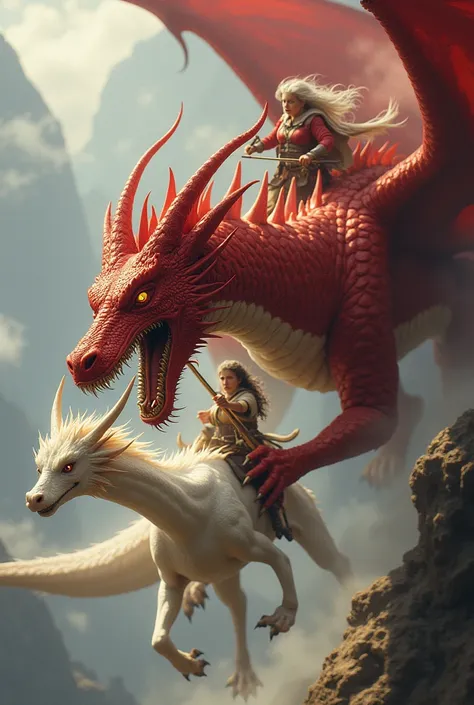 Make a red dragon with a thin neck and thin body , and biting the neck of another white dragon a little less both dragons are ridden by white haired riders 
