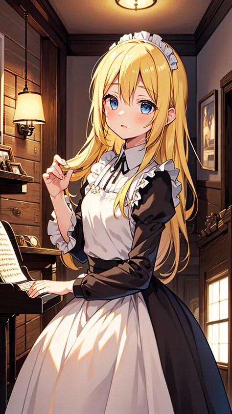 an anime drawing about a young blonde lady, blue eyes, beautiful body, dressed with a black maid dress, playing the piano. backg...