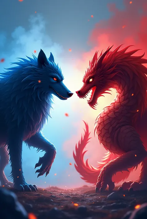 Create an image with a blue team logo that has a werewolf represented VERSUS the red team, that has the dragon representing I want it to make it apparent that the werewolf and the dragon are in a competition, because the image will be used in the school gy...