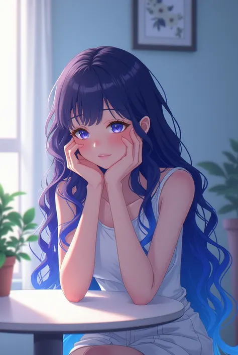 Young woman with long curly bicolor purple and blue hair, looking straight ahead, resting his face on his hands on top of an anime-style table 