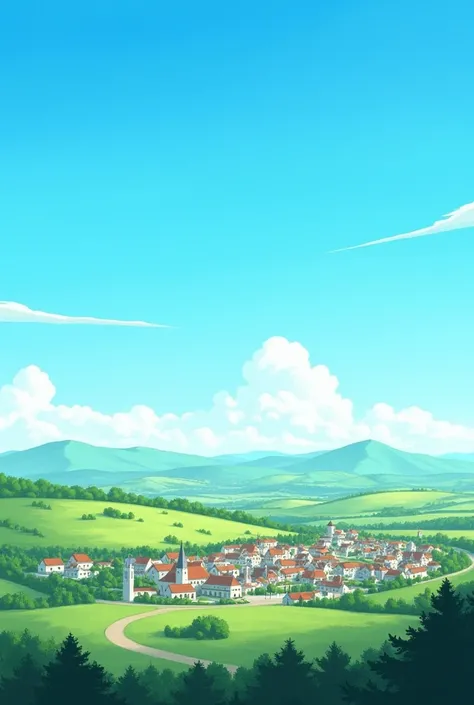 Sky, wide view, small town, blue tone, created as a 2D background, size 1920*1080.