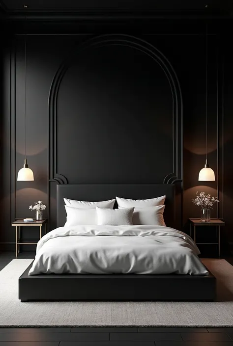 A red room with white beds and black walls 