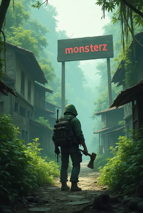 ZOMBIE APOCALYPSE GAME SET IN A JUNGLE VALLEY WITH ABANDONED BUILDINGS, INFECTED ZOMBIES, lobos, bear, mutants, A SURVIVOR EQUIPPED WITH WEAPONS AND AN AX AND A LARGE SIGN WITH WRITING "MONSTERZ"