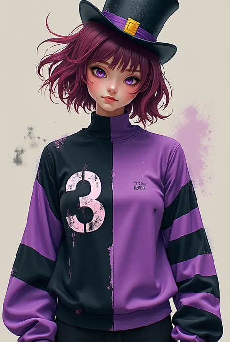 Create an image of an interclass blouse with a purple and black base color on the left sleeve with two light purple stripes on the right sleeve cat scratches on the chest a graffiti style number 3 with a mad hatter&#39;s hat on top 