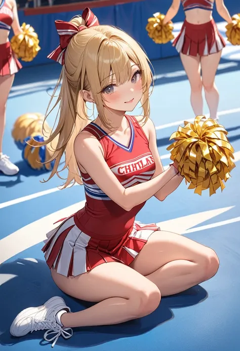 (masterpiece, best quality:1.2), 1girl, full body,gold hair,straight hair,cheerleaders,(pom-pom in both hands:1.3), gymnastics s...