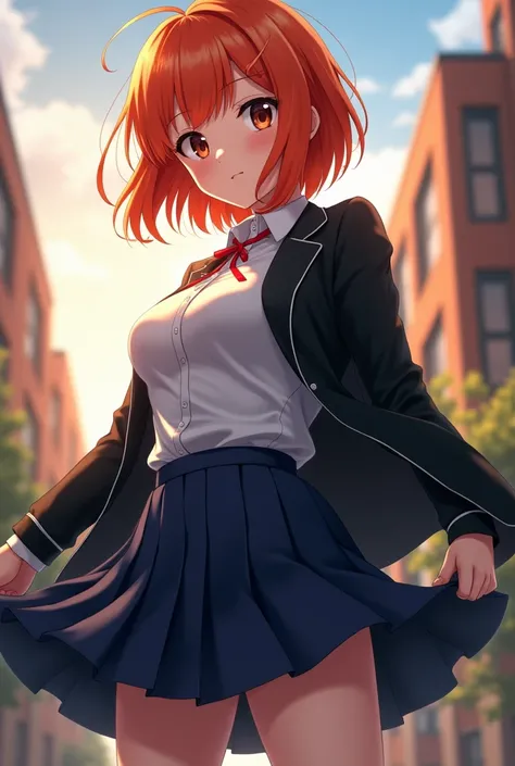 20 year old athletic anime girl, with a curvy figure, Her hair is bright orange and short., with straight bangs and layered hairstyle. Her eyes are dark brown and almond-shaped., wears a standard school uniform, which consists of a white shirt, a black jac...