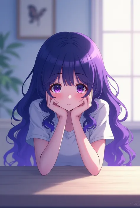 Young woman with long curly bicolor purple and blue hair, looking straight ahead, resting his face on his arms on an anime-style table 