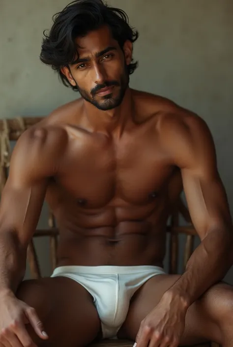 A sexy handsome indian man wearing underwear sitting in