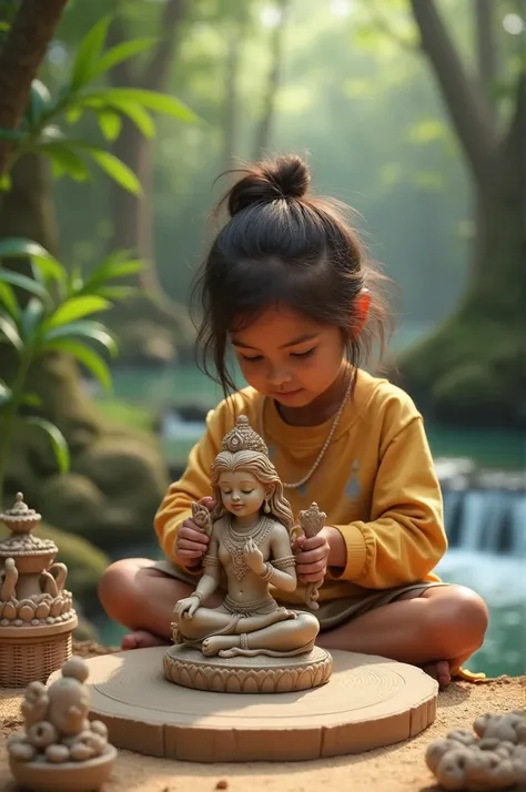 A 5 year young kid as a potter making A Goddess Devi Durga statue,beautiful environment and peaceful. 