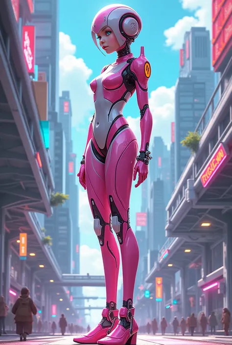 Protogen girl standing in the city wearing pink clothes