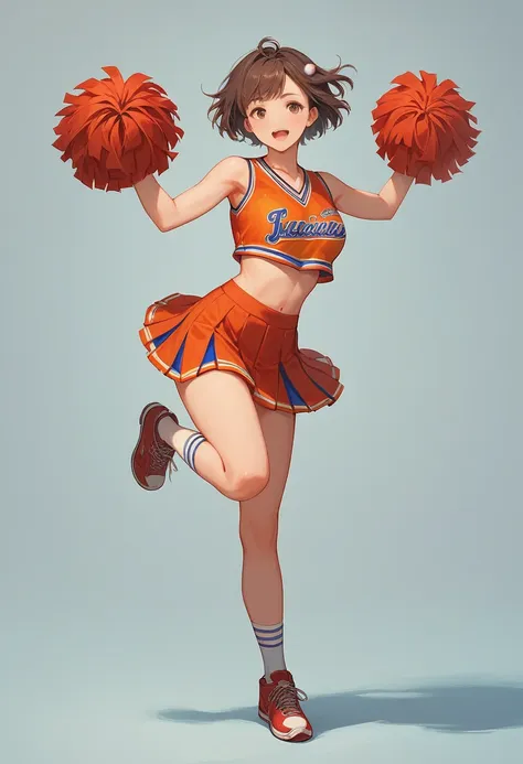 (masterpiece, best quality:1.2), 1girl, full body,short hair,brown hair,cheerleaders,(pom-pom in both hands:1.3),standing leg