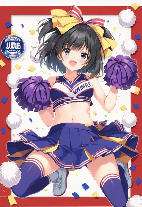 (masterpiece, best quality:1.2), 1girl, full body,cheerleaders,black hair,bob hair,(pom-pom in both hands:1.3),jump