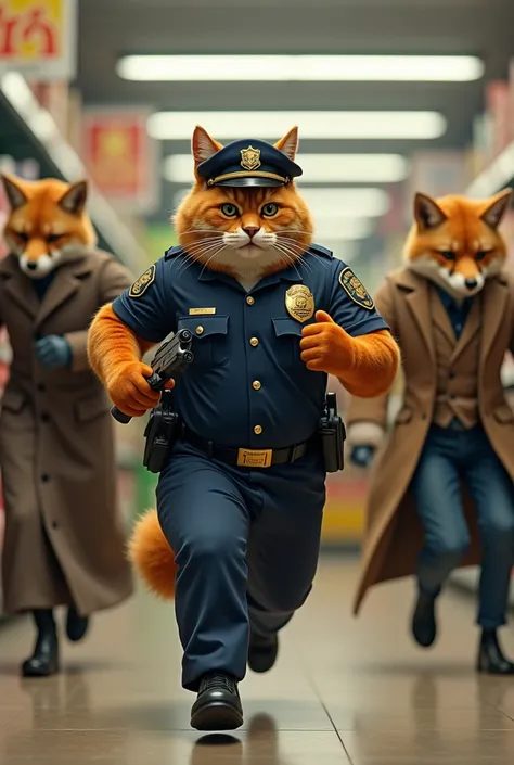 A orange body builder cat in human body wearing a police officer dress running in a supermarket with a gun and foring forward and fighting with foxes in human body wearing a long coat with punches