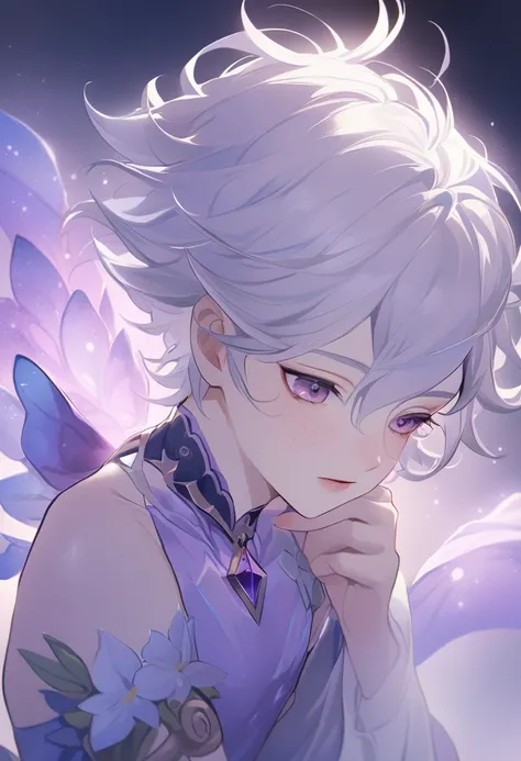 genshin impact art, bust and face image in focus, perfect image, maximum quality, detailed, male, young boy, short and curly hair, white hair, white skin, freckles, lilac eyes, lilac merfolk tail 