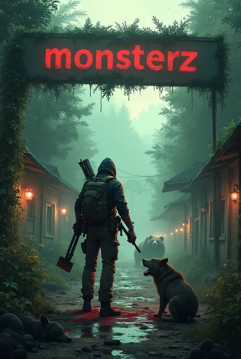 ZOMBIE APOCALYPSE GAME SET IN A JUNGLE VALLEY WITH ABANDONED BUILDINGS, DEAD ZOMBIES, WOLVES ATTACKING, A SURVIVOR EQUIPPED WITH GUNS AND AN AX SHOOTING A BEAR AND A LARGE SIGN WRITTEN ON IT "MONSTERZ"