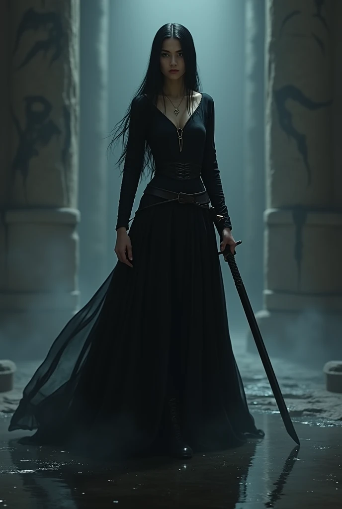 young medieval woman with straight black hair in a black dress using a black sword in a dark environment with the floor with water reflecting her