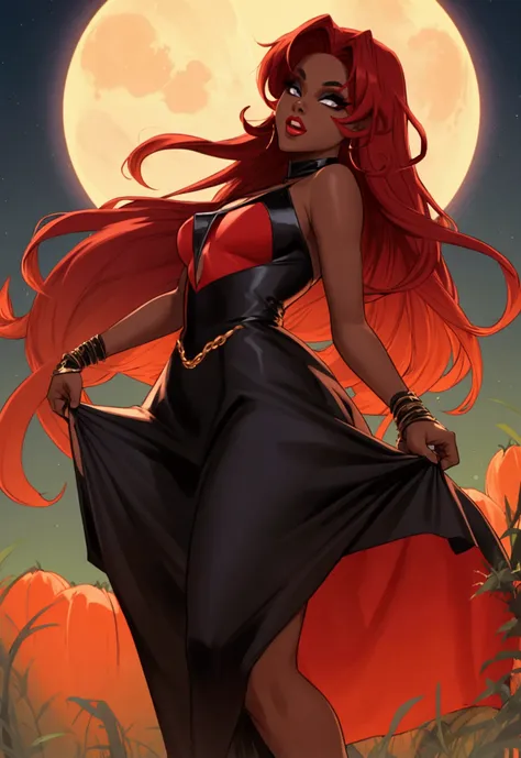 drag queen and singer, black clothing, tan skin, lattin skin, long currly red hair, harvest moon, bottom up view, hole body, ult...