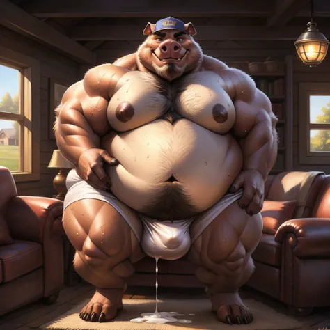 Casual Zootopia college model Sumo Pig student Brave Adventure Fantasy anime style, Character Desing (great balance, proportion and mass of his body) big obese, small clothing, He is a huge obese guy in huge obese weight gain process, character desing, det...