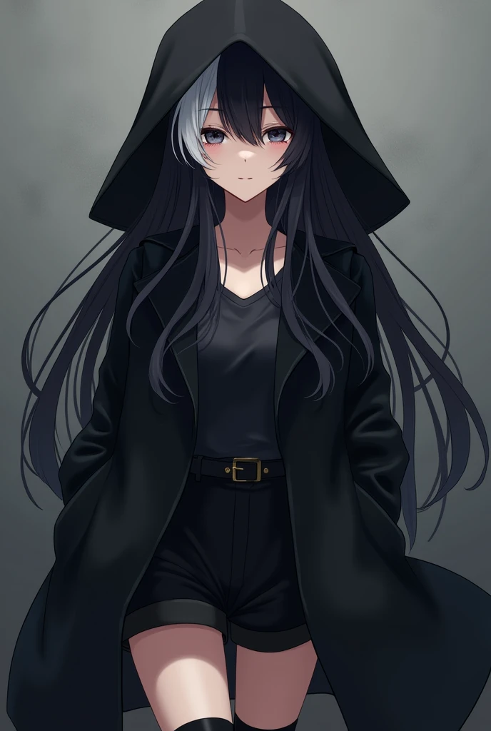 an anime girl ,long black hair with bangs wearing a black coat, shorts and long black socks with the right side of the bangs painted white, the coat having a hood and being over the character&#39;s head 
