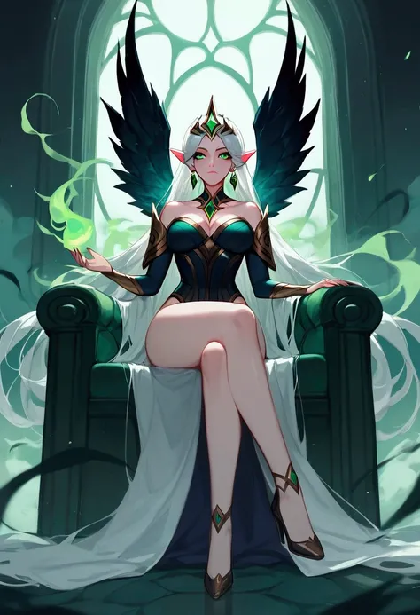 score_9, score_8_up, score_7_up, Morgana (league of legends), 1 girl, white hair, bright green eyes, dressed as a ruined queen, tiara with emeralds, sexy, full body, earrings, long eyelashes, sexy, big bust, beautiful face, background with green smoke, sit...