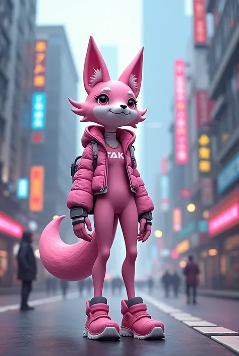 Protogen fursona girl standing in the city wearing pink clothes with low quality like beginner artist