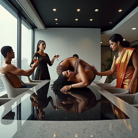 An unusual yet intriguing scene set within the luxurikus precincts of an modern indian office.A sleek conference table, polished to a mirror finish, dominated the center of the room. At its head sat a mature woman, her intricate cornrow braids tightly woun...