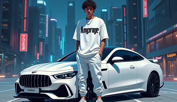 A men with oversize white tshirt,angarage text on tshirt,white jogger,white jordans,in background a white bentley,dark city,manga,anime,angarage on tshirt