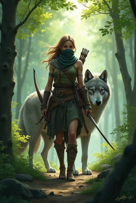 Brown haired elf, white, with mouth and nose covered by scarf in a green forest with bow and arrows and sword and a giant gray wolf next to it 