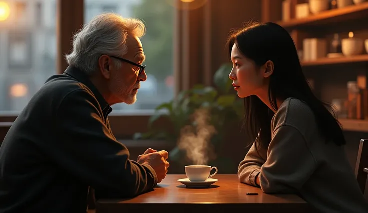 A cozy, dimly-lit coffee shop with an elderly man of European descent, with gray hair and glasses, sitting across from a young woman of East Asian descent, with long black hair. They are engaged in a serious conversation, with a cup of coffee between them,...