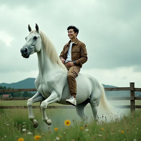 Photo of Lee Min-ho above animal ghosts. Lee Min-ho is a handsome Korean man, wearing a white shirt and a brown bomber jacket with many rolled up pockets, a black watch. Brown cargo pants with many pockets white shoes. He sits in a smiling pose on a ghost ...