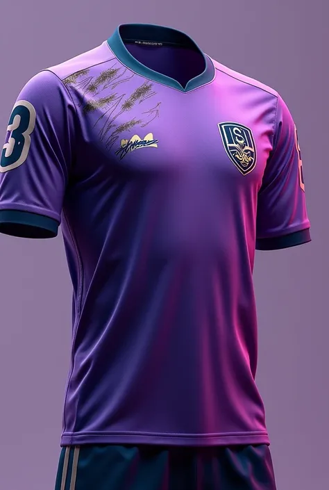 Create an image of a football team shirt with a purple base color on the left sleeve with two light purple stripes on the right sleeve cat scratches on the left chest a small graffiti style number 3 with a mad hatter&#39;s hat right above the number 3 cat ...