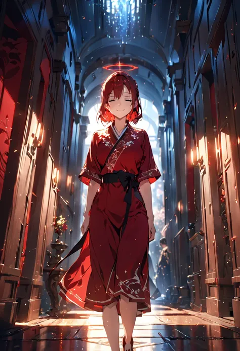 Illustration, Anime, 1girl, glowing red halo, peaceful smile, closed eyes, tilting head, hands behind back, in a hallway, ornate red robes, masterpiece, AissistXLv2, best quality(Depth of field hdr 8k 4k wallpaper cinematic angle, cinematic lighting,:1.5) ...