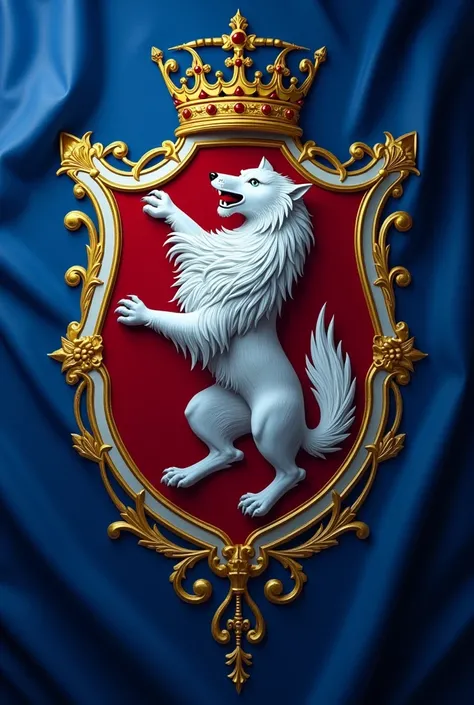 Flag of a country with a wolf theme with a crown, simple, with blue details, golden, whites and reds 