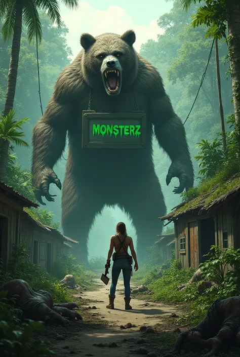 ZOMBIE APOCALYPSE GAME SET IN A JUNGLE WITH ABANDONED BUILDINGS, DEAD ZOMBIES, A SURVIVOR EQUIPPED WITH GUNS AND AN AX SHOOTING A WALKING BEAR SHOWING ITS TEETH AND A LARGE SIGN WRITTEN IN GREEN MELTED LETTERS "MONSTERZ"