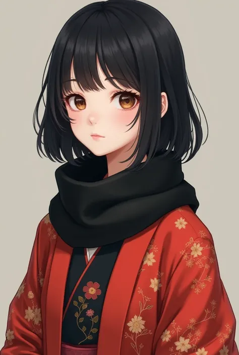 name: Hana Age:17 Sex:female hair: Black height:1.57 Weight:60kg Chest: Practically Flat Clothes: She always wears a black scarf that her mother made, and wears red haoris with flower details