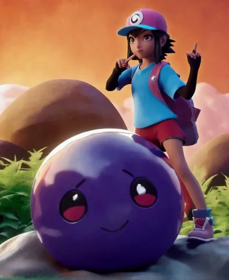 A cute young female Pokemon trainer, late 20s, wearing a colorful and stylish outfit with a cap, holding a Pokeball in her hand, pointing excitedly at an enormous Onyx Pokemon casually crawling on a large boulder, in a daytime outdoor scene with lush green...