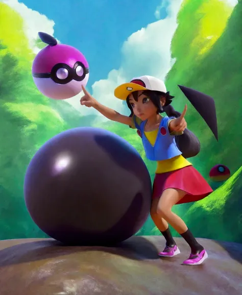 A cute young female Pokemon trainer, late 20s, wearing a colorful and stylish outfit with a cap, holding a Pokeball in her hand, pointing excitedly at an enormous Onyx Pokemon casually crawling on a large boulder, in a daytime outdoor scene with lush green...