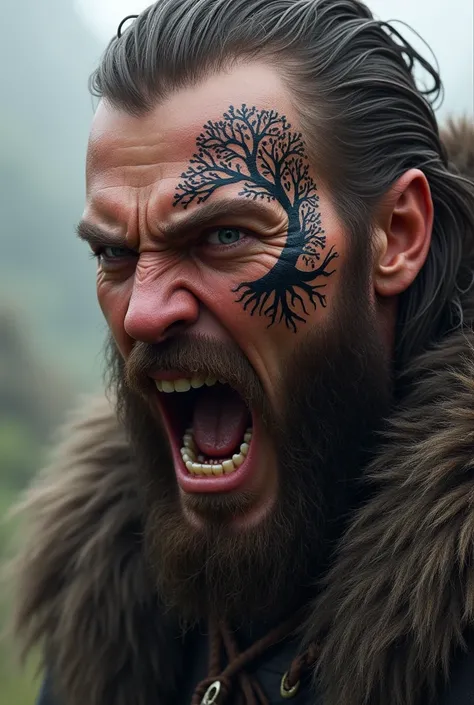 For a Realistic Viking Warrior Face Tattoo, with a slightly sideways face, screaming with his right teeth showing with a ygdarsil tattoo around his eye and with his eyes open and long hair shaved on the side 