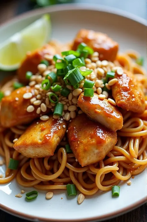 Pan-fried noodles with chicken in panang sauce