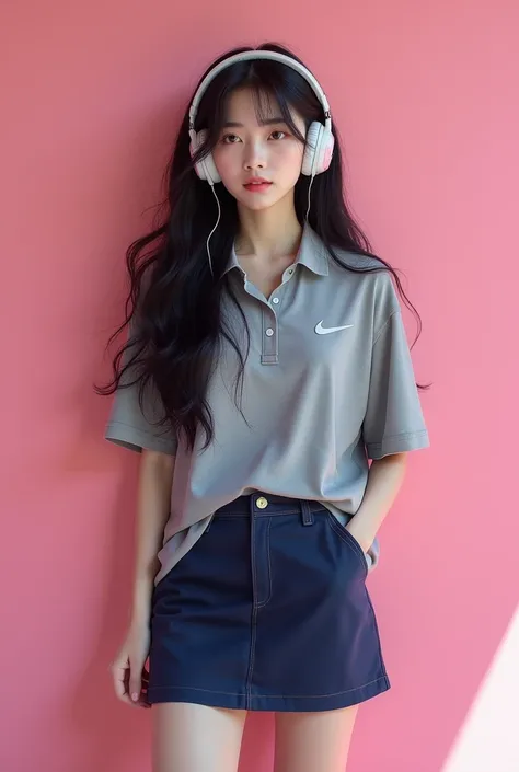 "Korean beauty with surreal images of women in K-Pop style, long, Wavy black hair. Pink wall behind、Grey Nike polo shirt、Navy blue mini skirt、White sneakers(NIKEJORDAN). She is listening to music with headphones on。