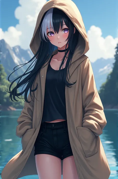 Create me a pretty anime girl that has a coat with a hood that covers her head that has long black hair with a bang that the left part of the bang is painted white and that has black shorts with a black shirt a beautiful background that is realistic 