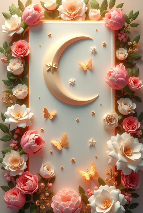 A 3D render of a luxurious off white crescent and star card .The card is adorned with vibrant light jasmine, lilies, tulips, white flowers, and gardenias.Delicate colorful butterflies flutter around the scene. Sparkles are sprinkled throughout the artwork,...