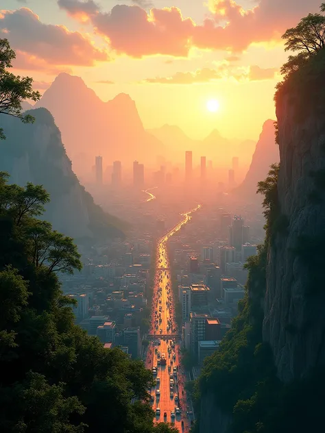 /imagine View of a beautiful and stunning morning sunset city from the mountain, City and streets view, trees, image capture from the mountain