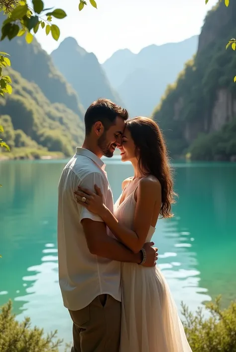 Image of love, man and woman in front of the lagoon of La Cocha 
