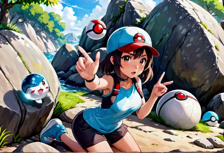 a cute pokemon trainer (age 25, cute outfit, cap, pokeball in hand) points out an enormous Onxy pokemon that is casually crawling on a boulder, she intends to catch it, daytime